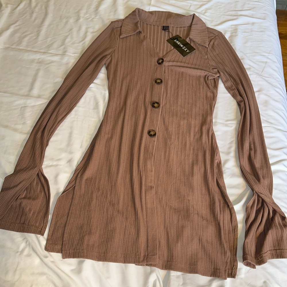 Ribbed Knit Split Sleeve Button Up Top
